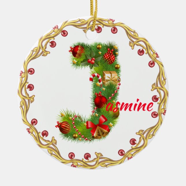 initial J monogrammed christmas ornament CUSTOMIZE (Front)