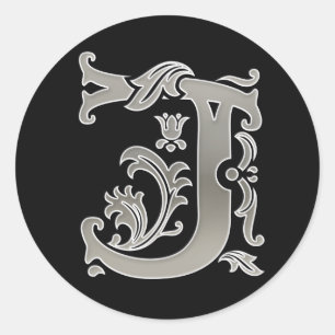 Initial J Round Sticker in silver