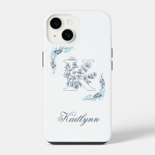 Initial "K" Blue Monogram Calm Floral iPhone 14 Case