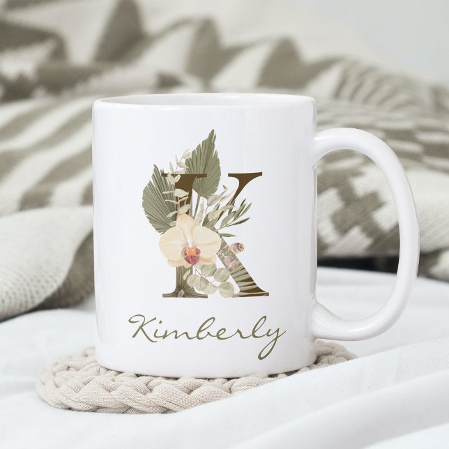 Initial K Boho Floral Orchid Greenery Custom Name Coffee Mug (A personalized coffee mug with a floral design and your initial. Perfect for a cozy morning.)