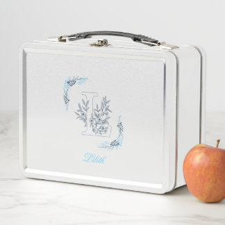 Initial "L" Blue Monogram Calm Floral Metal Lunch Box