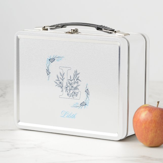 Initial "L" Blue Monogram Calm Floral Metal Lunch Box (In Situ)
