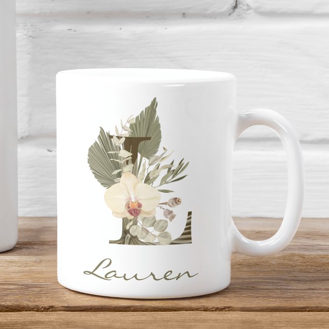 Initial L Boho Floral Orchid Greenery Custom Name Coffee Mug (Creator Uploaded)