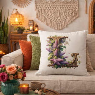 Initial "L" – Elegant Lilac Floral Design Throw Pillow