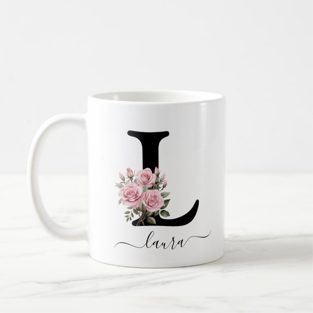 Initial L Monogram Floral Flower Pink Roses Mug (Left)