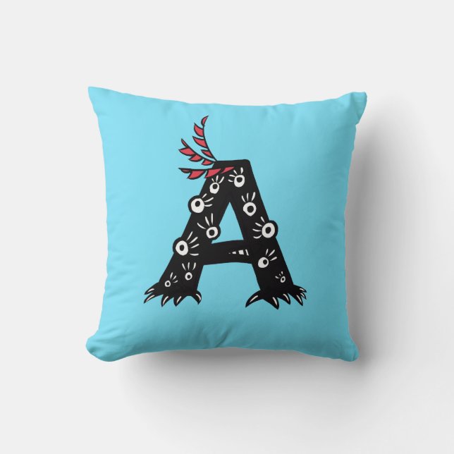 Initial Letter A Funny Cute Monster Kids Throw Pillow (Front)