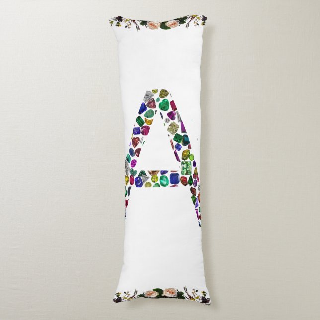 Initial Letter A with Gemstone Floral Monogram Body Pillow (Front Vertical)