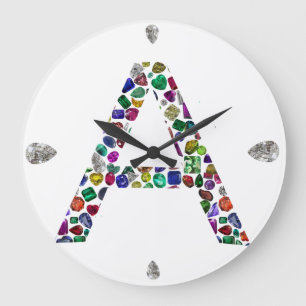 Initial Letter A with Gemstone Floral Monogram Large Clock