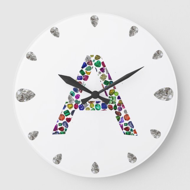Initial Letter A with Gemstone Floral Monogram Large Clock (Front)