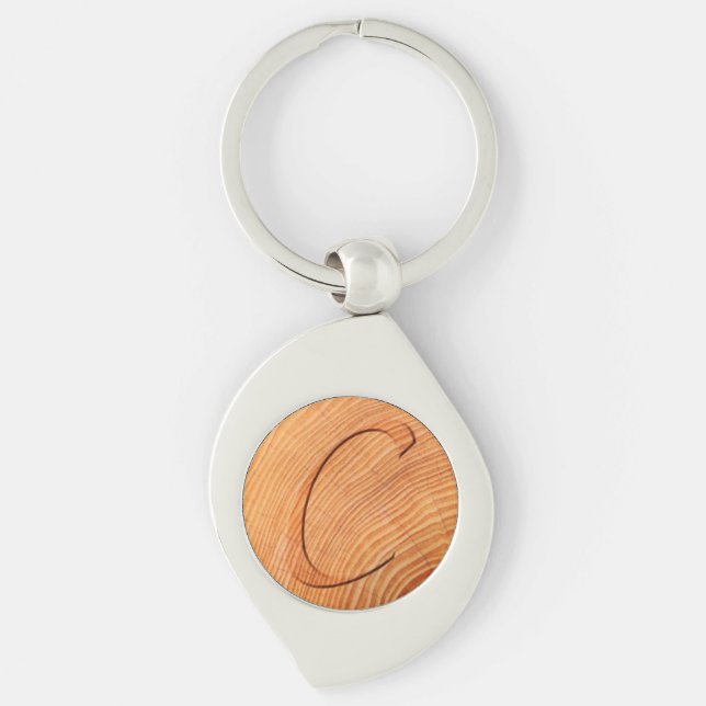 Initial Letter C Faux Distressed Wood Print  Keychain (Front)