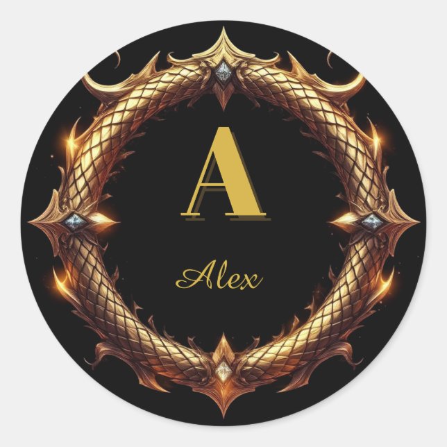 ✨ Initial Letter Dragon Ornate Circle Frame ✨ Classic Round Sticker (Front)