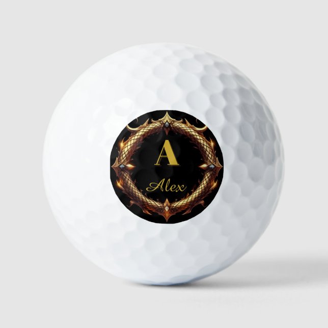 ✨ Initial Letter Dragon Ornate Circle Frame ✨ Golf Balls (Front)