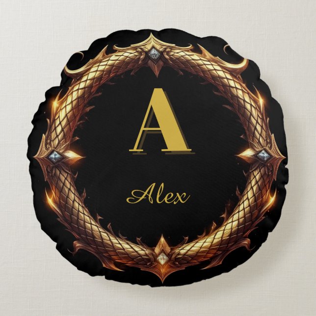✨ Initial Letter Dragon Ornate Circle Frame ✨ Round Pillow (Front)