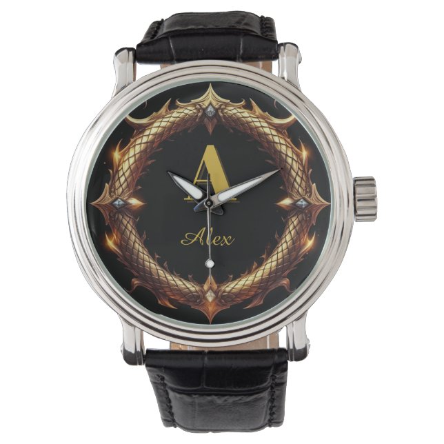✨ Initial Letter Dragon Ornate Circle Frame ✨ Watch (Front)