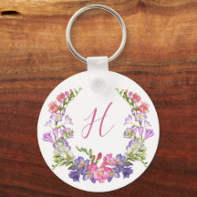 Initial Letter Floral Wreath Metal Custom Keychain