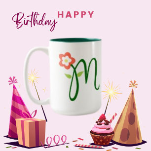 Initial Letter Green Monogram,  Orange Flower Two-Tone Coffee Mug