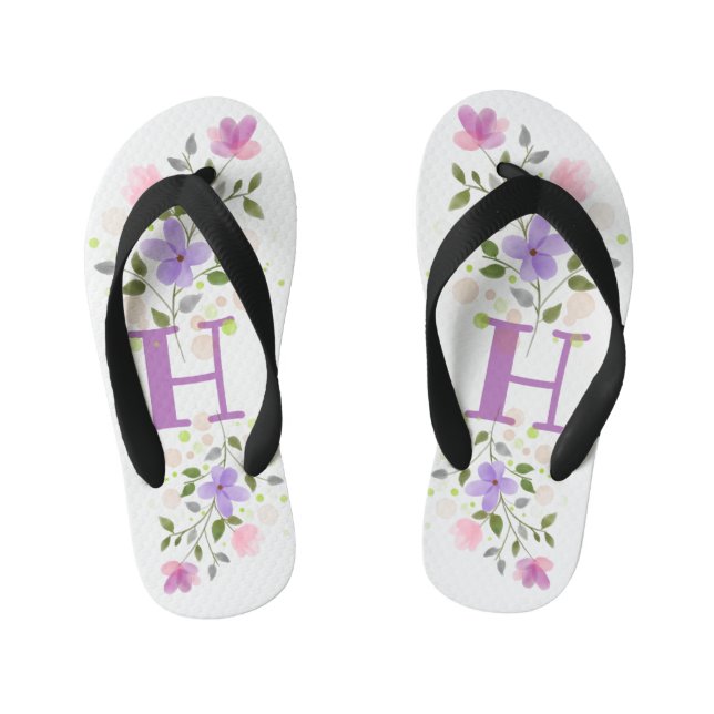 Initial Letter H Plus Floral Design Kid's Flip Flops (Footbed)