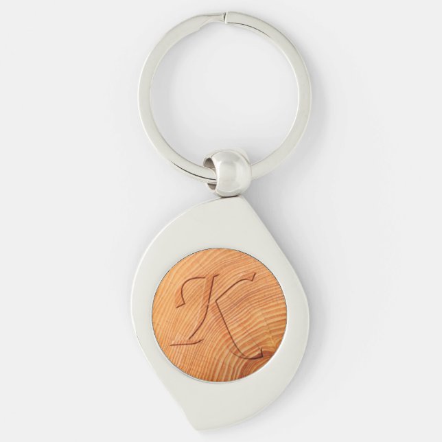 Initial Letter K Faux Distressed Wood Print Keychain (Front)