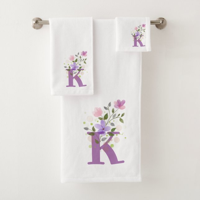 Initial Letter K Plus Floral Design Bath Towel Set (Insitu)