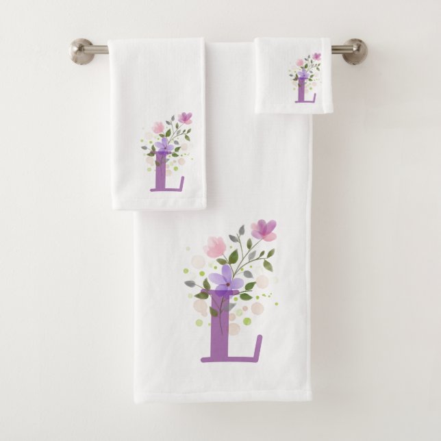 Initial Letter L Plus Floral Design Bath Towel Set (Insitu)