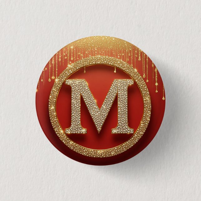 Initial Letter M Gold Glitter Monogram 1 Inch Round Button (Front)