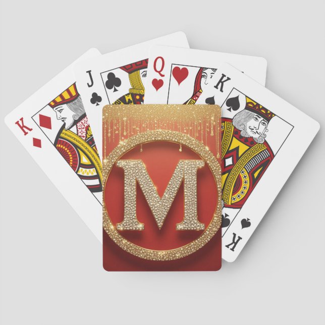 Initial Letter M Gold Glitter Monogram Playing Cards (Back)