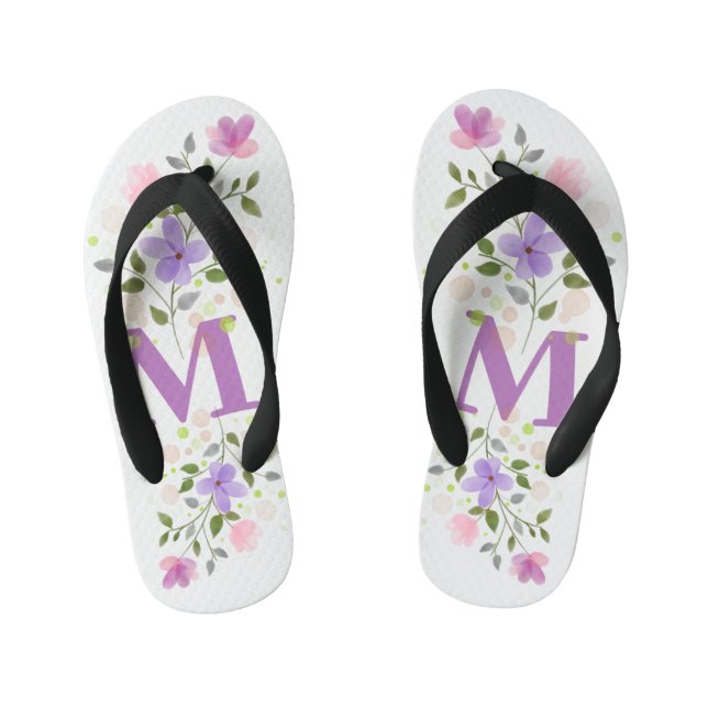 Initial Letter M Plus Floral Design Kid's Flip Flops (Footbed)