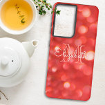Initial Letter Monogram Coral Faux Glitter Bokeh Samsung Galaxy Case<br><div class="desc">Add some fun to your new phone with this chic phone case design featuring a background of coral glitter bokeh. The centre offers room for a name and initial letter monogram. Personalize the text in the template fields, remove the text or edit using the design tool to select a font...</div>