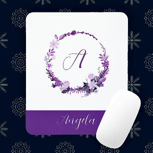 Initial Letter Monogram Elegant Chic Purple Floral Mouse Pad