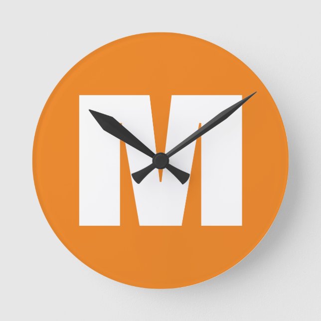 Initial Letter Monogram Modern Style Orange White Round Clock (Front)