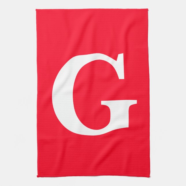 Initial Letter Monogram Red White Plain Simple Kitchen Towel (Vertical)