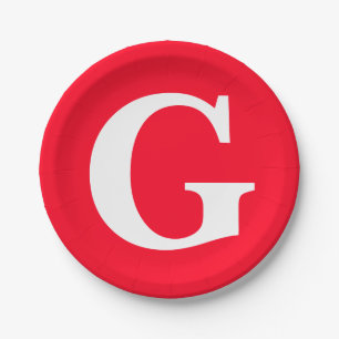 Initial Letter Monogram Red White Plain Simple Paper Plate