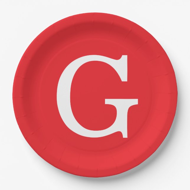 Initial Letter Monogram Red White Plain Simple Paper Plate (Front)