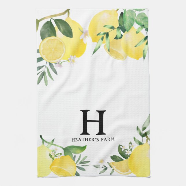 Initial Letter Monogrammed Lemon Garden Kitchen Towel (Vertical)