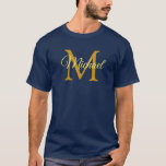 Initial Letter Name Monogram Men's Navy Blue Gold T-Shirt<br><div class="desc">Customize Monogram Initial Letter Name Men's Template Elegant Trendy Navy Blue Gold Basic Long Sleeve T-Shirt.</div>