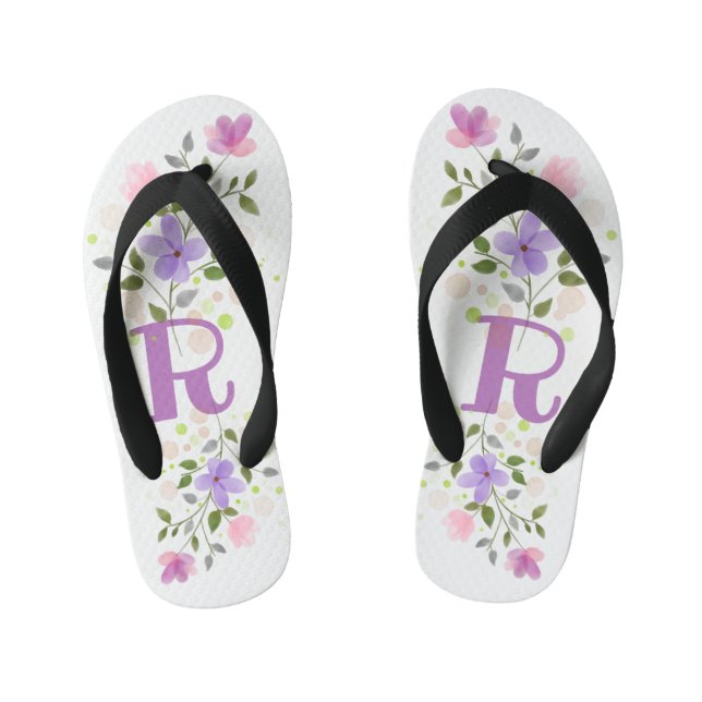 Initial Letter R Plus Floral Design Kid's Flip Flops (Footbed)