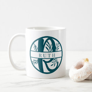 Initial Letter R Teal Floral Split Monogram Coffee Mug