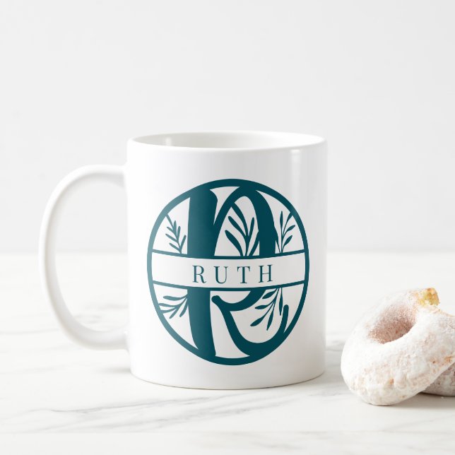 Initial Letter R | Teal Floral Split Monogram Coffee Mug (With Donut)