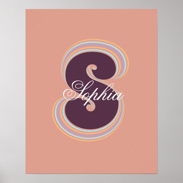 Initial Letter Stylish Retro Peach Name Monogram Poster (Front)