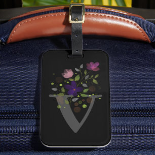 Initial Letter V Plus Floral Design Luggage Tag