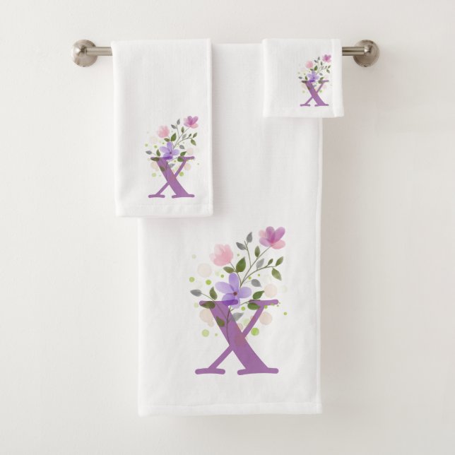 Initial Letter X Plus Floral Design Bath Towel Set (Insitu)