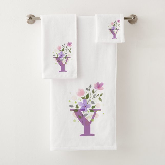 Initial Letter Y Plus Floral Design Bath Towel Set (Insitu)