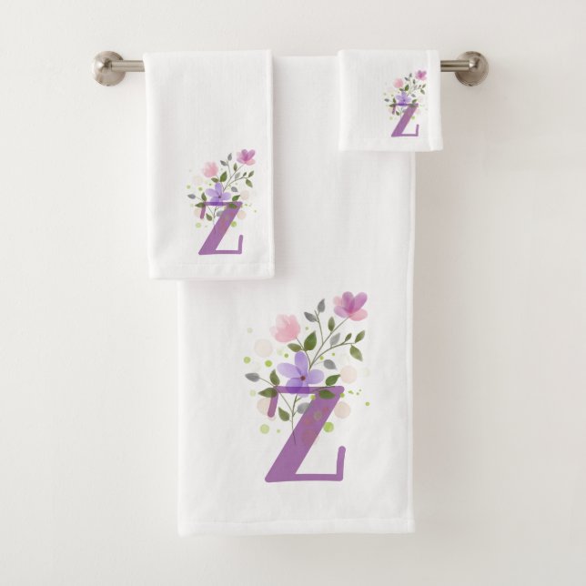 Initial Letter Z Plus Floral Design Bath Towel Set (Insitu)