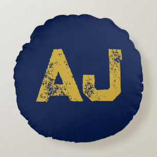 Initial Letters Monogram Gold & Blue Plain Simple Round Pillow