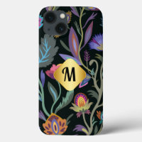 Initial luxury black flowers pattern Golden border
