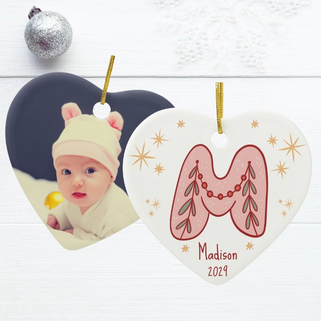 Initial M Baby S First Christmas Pattern Ceramic Ornament (Heart Shaped- Baby's First Christmas- Initial "M" Ceramic Ornament)