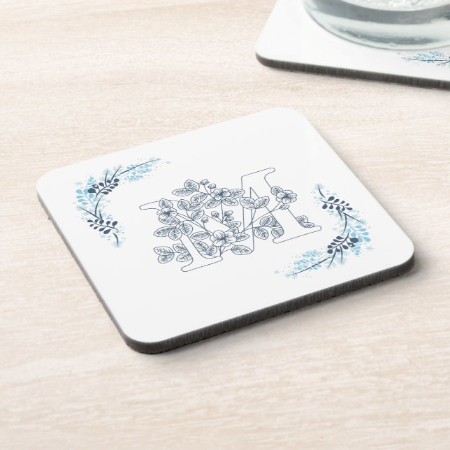 Initial "M" Blue Monogram Calm Floral Coaster (Left Side)