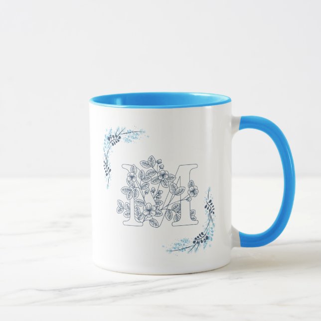 Initial "M" Blue Monogram Calm Floral Coffee Mug (Right)