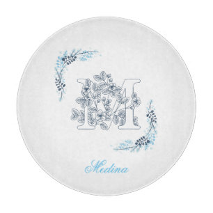 Initial "M" Blue Monogram Calm Floral Cutting Board