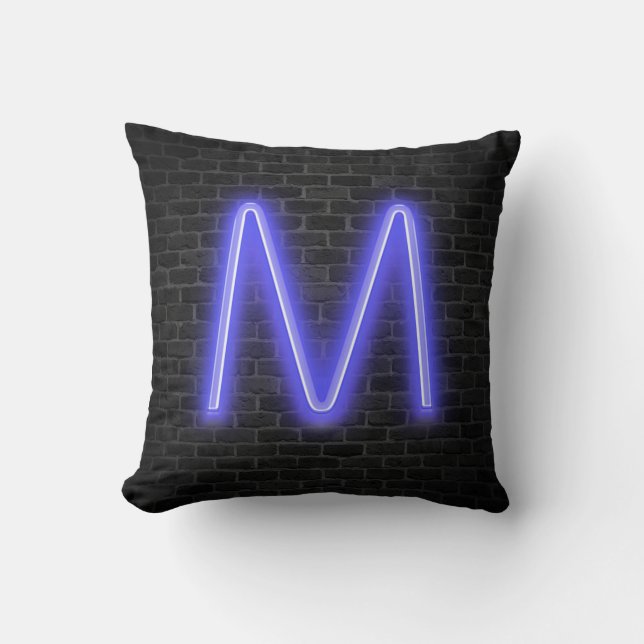 Initial M In Neon Marquee On Brick Throw Pillow (Front)